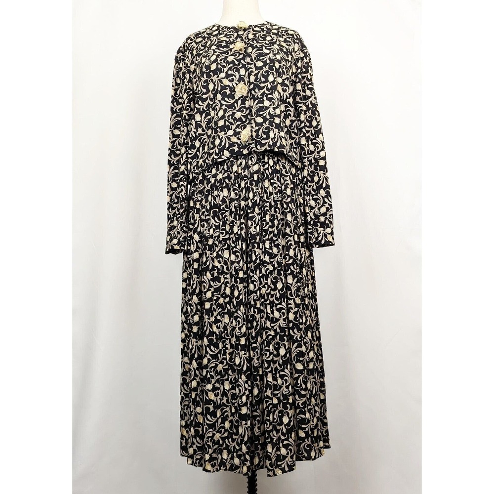 Vintage 90s Top Skirt Set Black Cream Floral Rayon Midi Women's Size 8